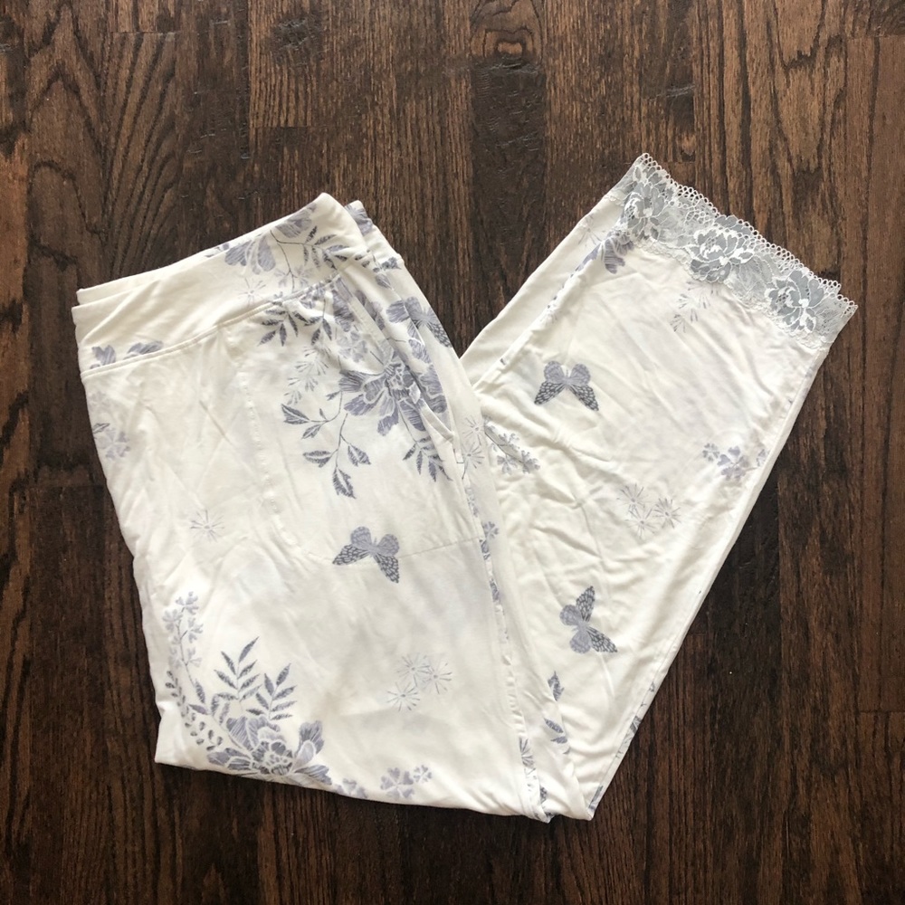 Soma White Pajama Pants with Light Lavender Floral & Butterfly Print